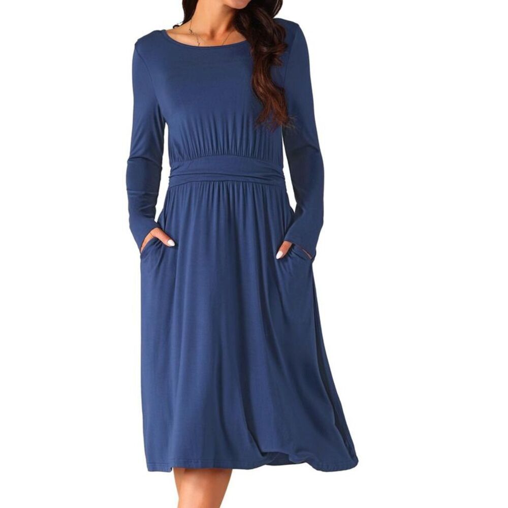 Seta T Women's Crewneck Long Sleeve Casual Midi Dress Deep Blue Large